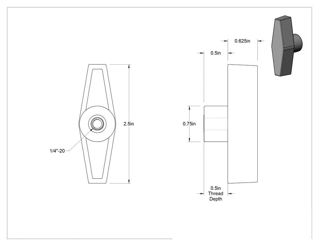 Teknik Çizim - İki Kollu Topuz, Naylon, 1/4"-20 Dişli Delik, 2-1/2" Baş Genişliği