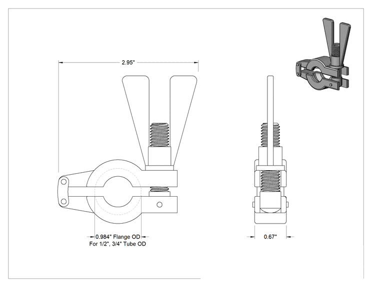 Teknik Çizim - 1/2" ve 3/4" Dış Çaplı Boru için 2 Pimli Menteşeli Kelepçe