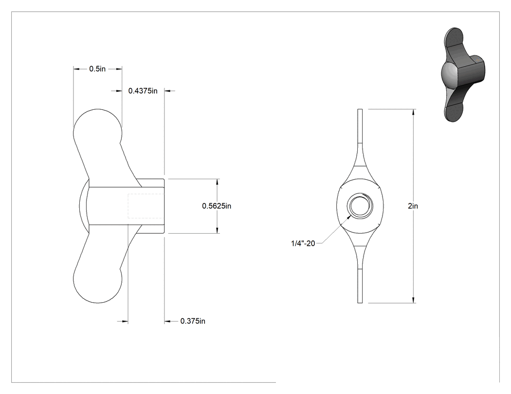Teknik Çizim - Paslanmaz Çelik İki Kollu Topuz, 1/4"-20 Dişli Delikli