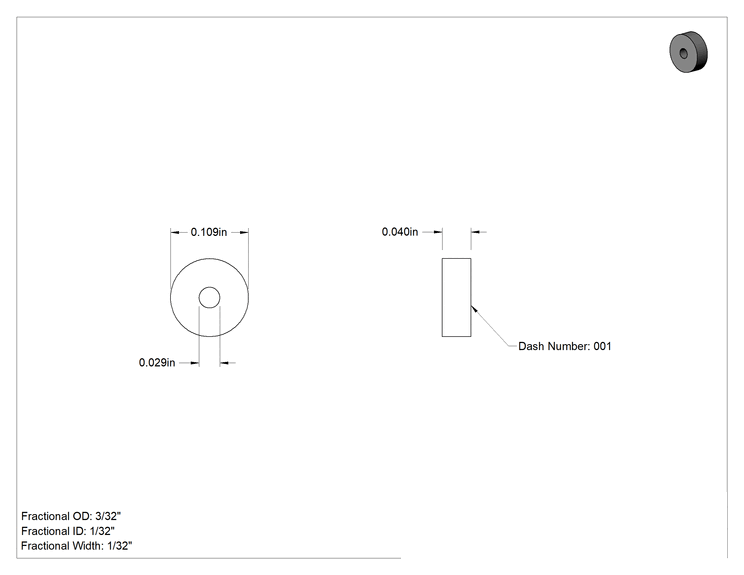 Teknik Çizim - Kimyasallara Dayanıklı Viton® Floroelastomer O-Ring, Kare Profil, 1/32 Kesirli Genişlik, Dash No. 001