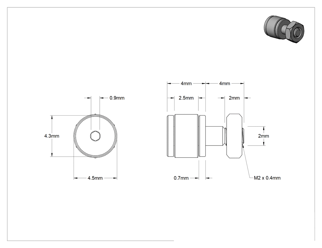 Teknik Çizim - Minyatür Yüksek Hızlı Dişli Ray Makarası, 4.5 mm Çap x 2.5 mm Genişlik 440C Paslanmaz Çelik Düz Silindir