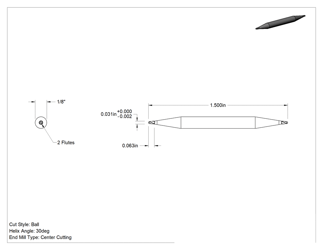 Teknik Çizim - 2 Freze Uçlu TiN Kaplamalı Karbür Uçlu Freze, Bilyalı Uç, 2 Yiv, 1/32" Freze Çapı, 1-1/2" Toplam Uzunluk