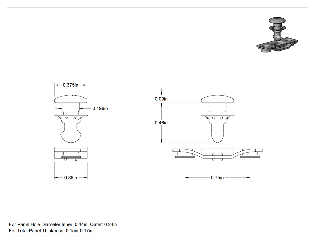 Teknik Çizim - Çinko Kaplı Çelik Çeyrek Dönüşlü Sabit Panel Vidası, Perçin Montajlı Somunlu, Phillips, 0.15"-0.17" Toplam Kalınlık için