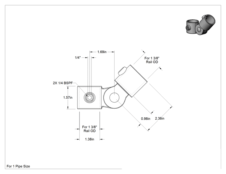 Teknik Çizim - Galvanizli Demir Kayar Ray Bağlantı Parçası, 1-3/8" ray dış çapı için delikli ayarlanabilir açılı Y bağlantı parçası