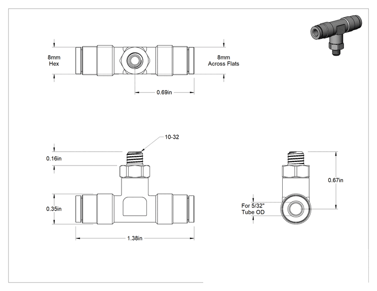 Teknik Çizim - Nikel Kaplı Pirinç Bas-Bağlan Tüp Bağlantı Elemanı, Hava için, Döner T, 5/32" Boru Dış Çapı x 10-32 Erkek için