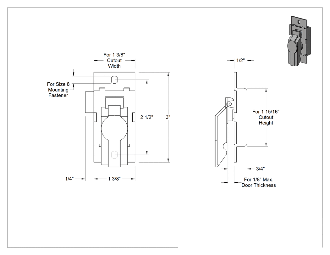 Teknik Çizim - Kürek Saplı Anahtarlı Bas-Kapat Mandalı, Sağ Taraf Kapı Montajı, 3" Yükseklik x 1-3/8" Genişlik