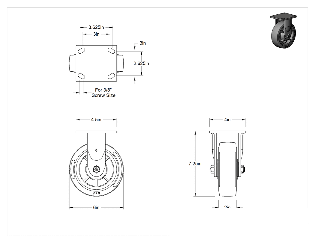 Teknik Çizim - 4-1/2" x 4" Montaj Plakalı Samson Tekerlek, 6 inç Çapında Gri Kauçuk Tekerlekli Sert, Açık Rulman