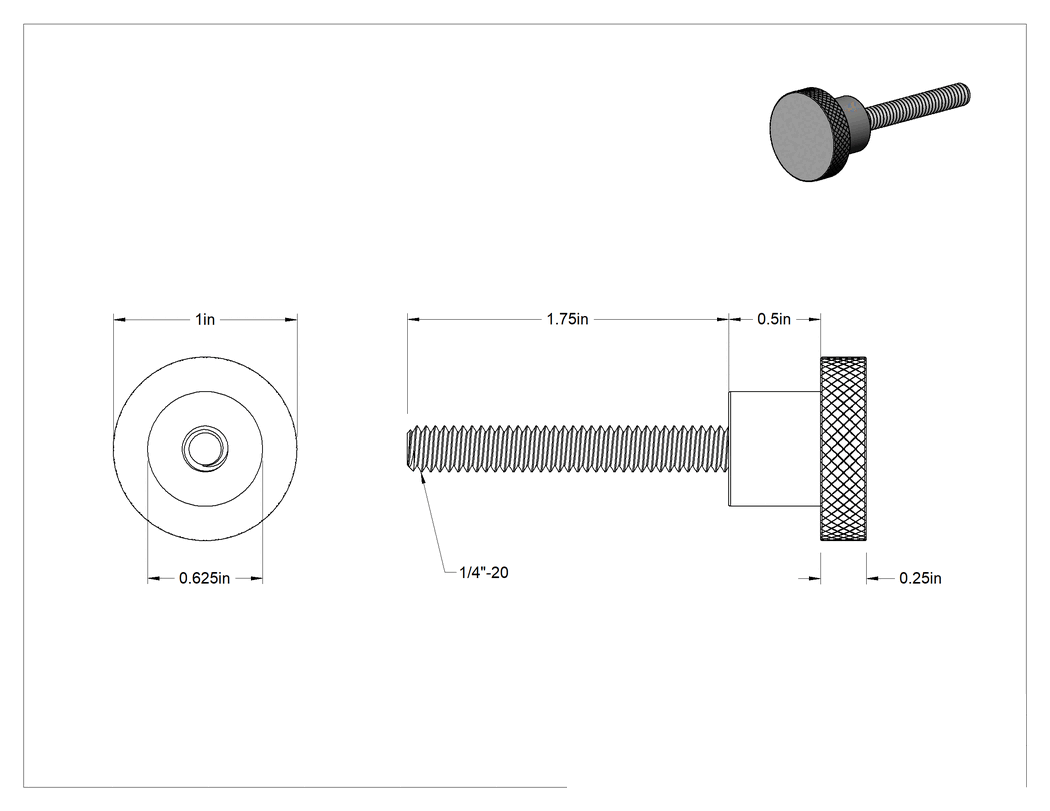 Teknik Çizim - Sol Dişli Saplama Düğmesi, Paslanmaz Çelik, 1/4"-20 Diş