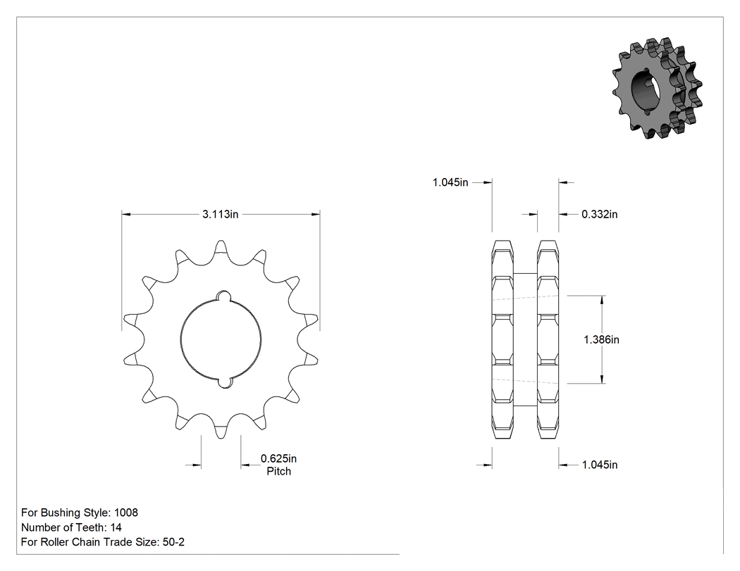 Teknik Çizim - Taper-Lock Burç-Delik Çift Sıralı Dişli, ANSI 50-2 Makaralı Zincir için, Aşınmaya Dayanıklı Çelik, 14 Diş