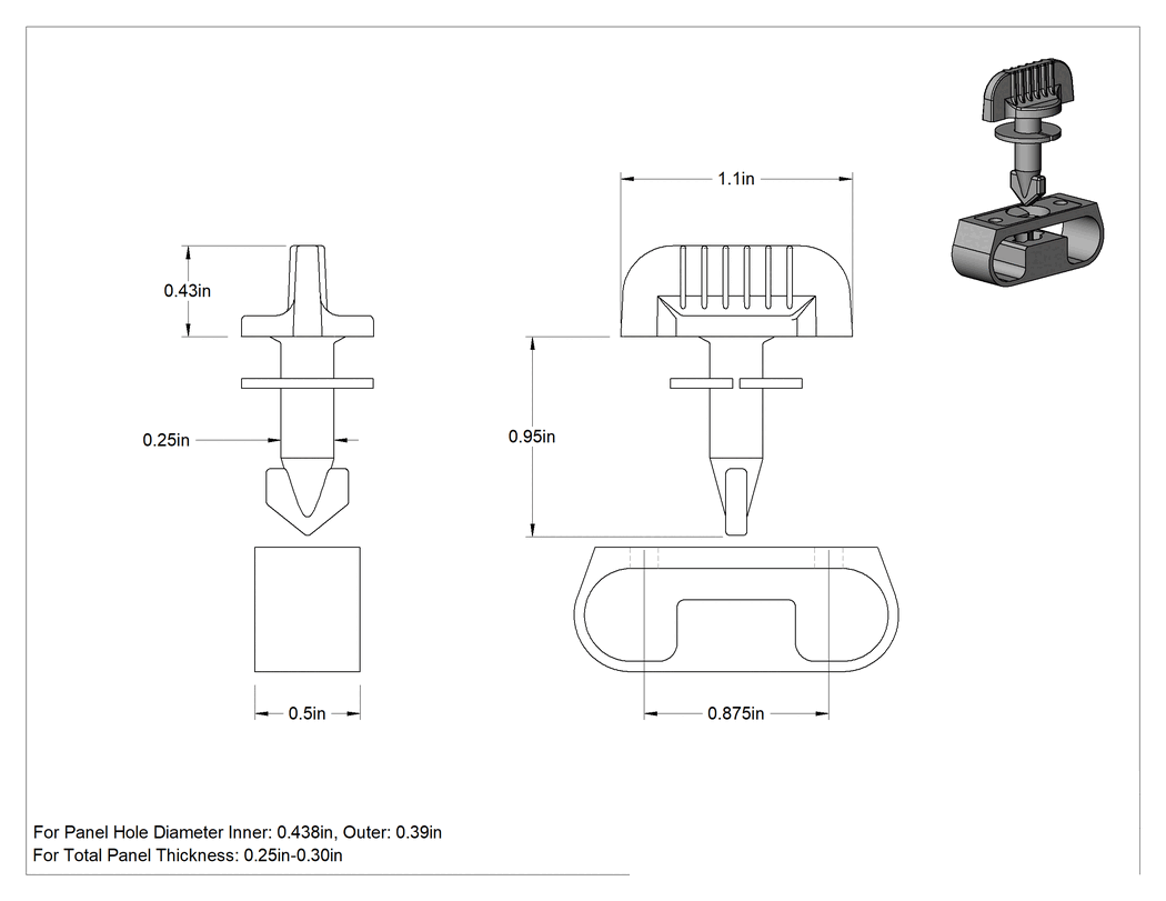 Teknik Çizim - Asetal Çeyrek Dönüşlü Sabit Panel Vidası, Perçin Montajlı Somunlu, Kanat Başlığı, 0.25"-0.3" Toplam Kalınlık için