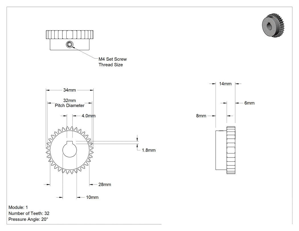 Teknik Çizim - Metal Dişli - 20 Derece Basınç Açısı, Setskur ile Anahtarlı, 1 Modül, 32 Diş