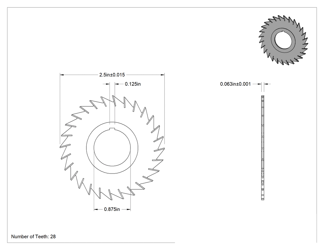 Teknik Çizim - Yan Dişli Dilme Testere, 1/16" Kalınlık, 2-1/2" Çaplı, 7/8" Mil Deliği