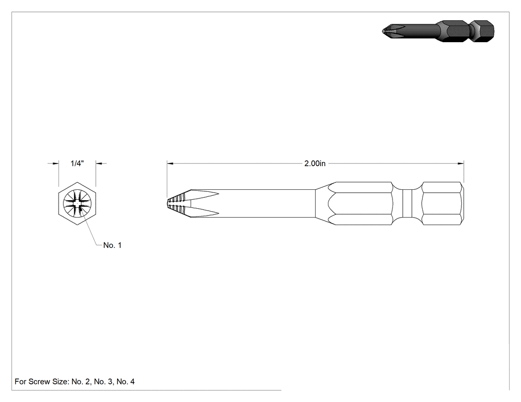 Teknik Çizim - Kaymaz Phillips Ucu, Elektrikli Aletler için 1/4" Altıgen Şaft, 1 Numaralı Boyut, 2" Toplam Uzunluk