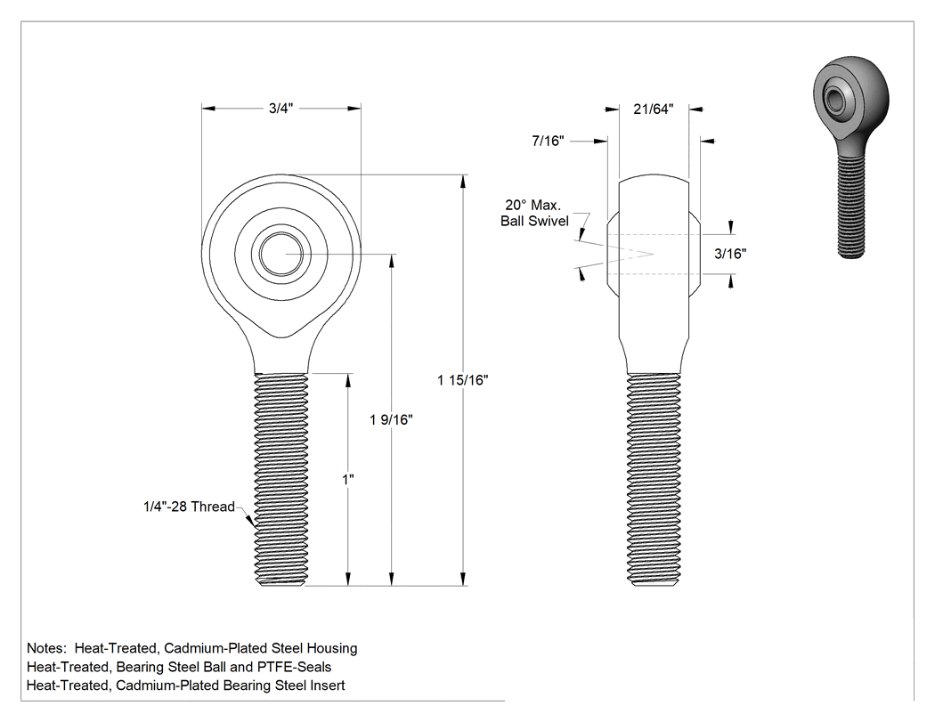 Teknik Çizim - Yüksek Hızlı Bilyalı Rulman Çubuk Ucu, Büyük Boy Şaftlı, 1/4"-28 Diş, 3/16" İç Çap