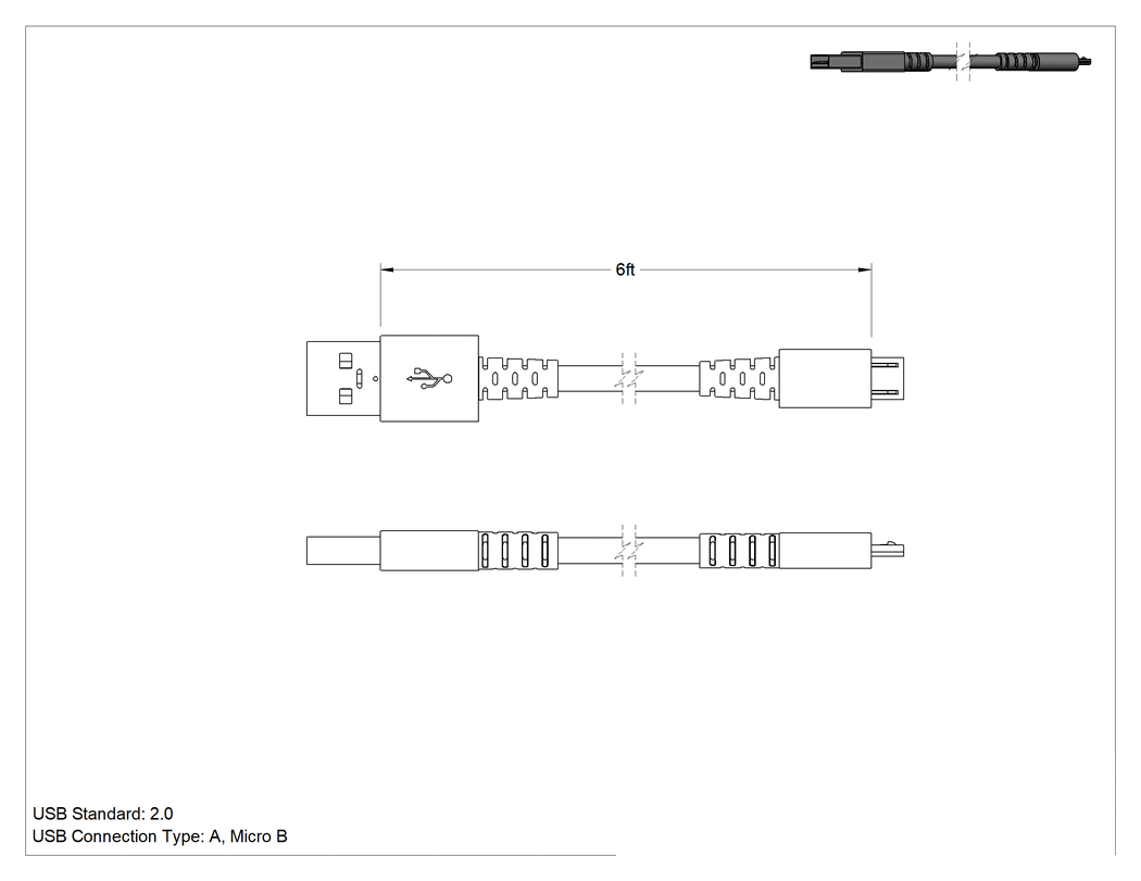 Teknik Çizim - Uzun Ömürlü USB Kablosu, Çift Korumalı, A Fiş x Mikro B Fiş, 6' Uzunluk, Siyah