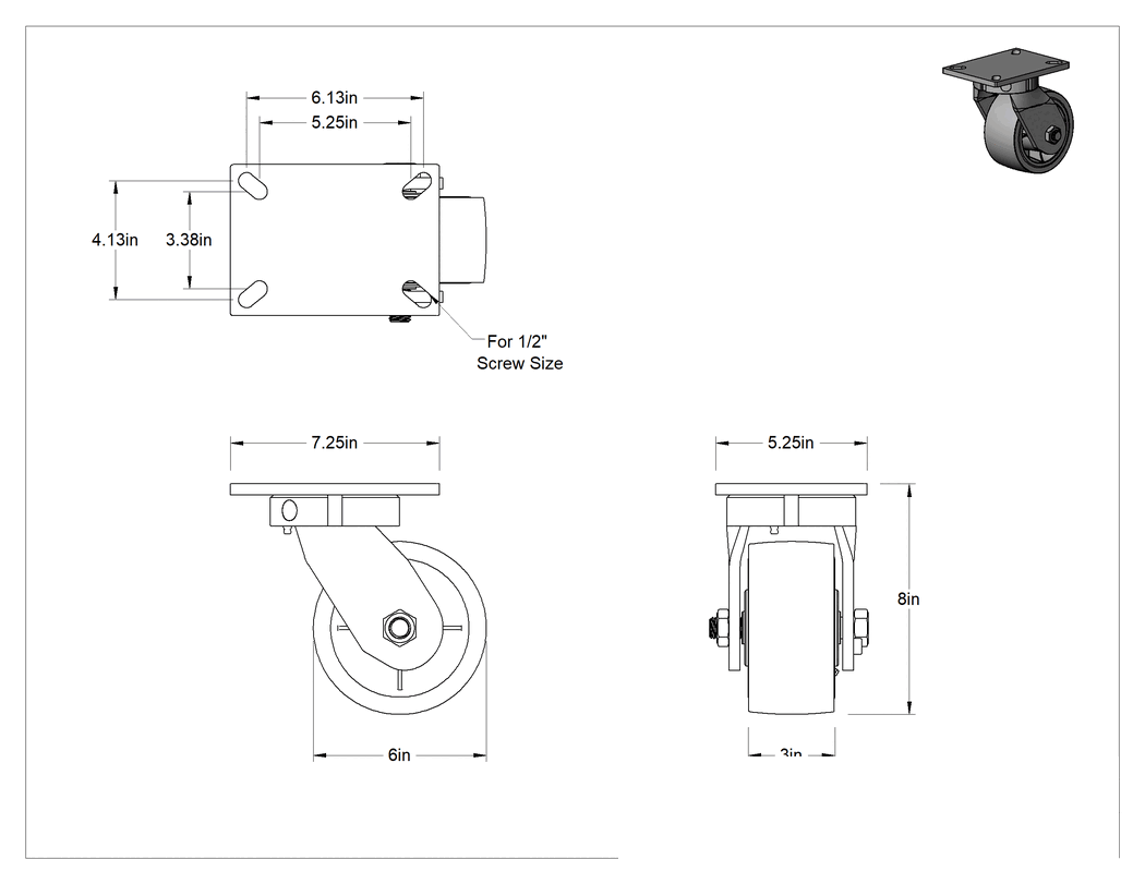 Teknik Çizim - Sure-Fire Tekerlek, Döner, 6" x 3" Demir Tekerlek Üzerinde Kauçuk, 680 lb Kapasite