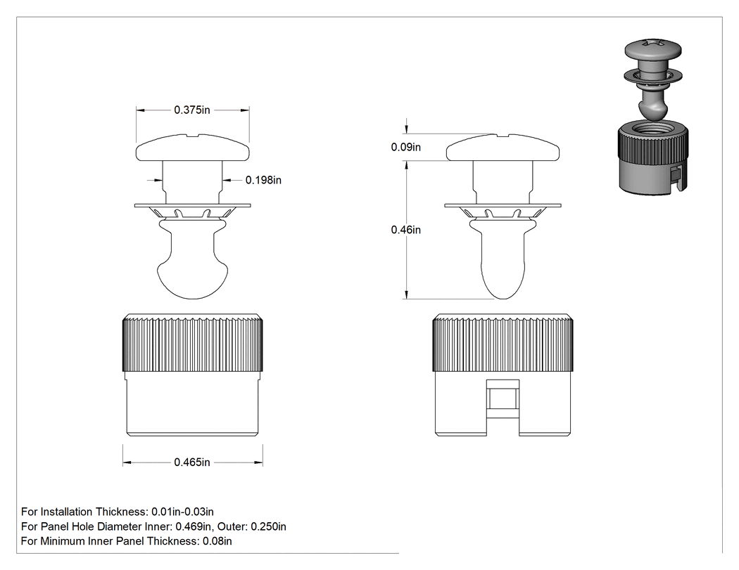 Teknik Çizim - Çinko Kaplı Çelik Çeyrek Dönüşlü Sabit Panel Vidası, Önden Presle Takılan Somunlu, Phillips, 0.01"-0.03" kalınlık için