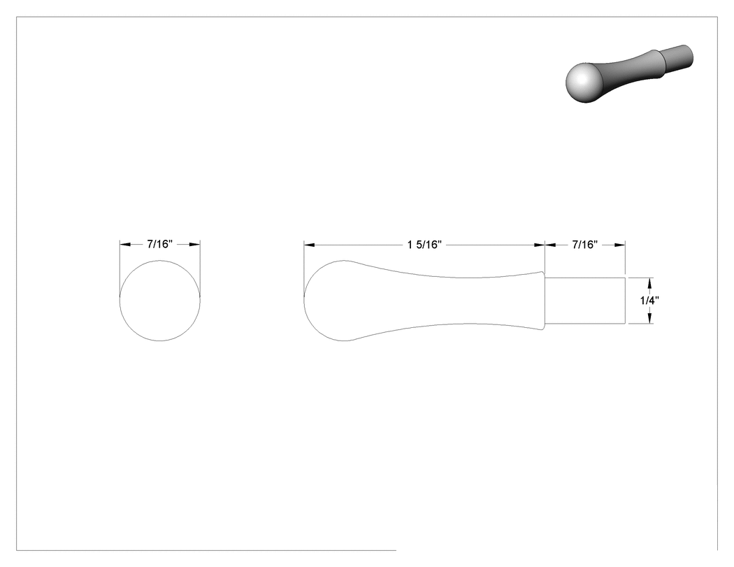 Teknik Çizim - İtmeli kol, 7/16" Uzunluk 1/4" Çaplı Saplama, 1-5/16" Uzunluk