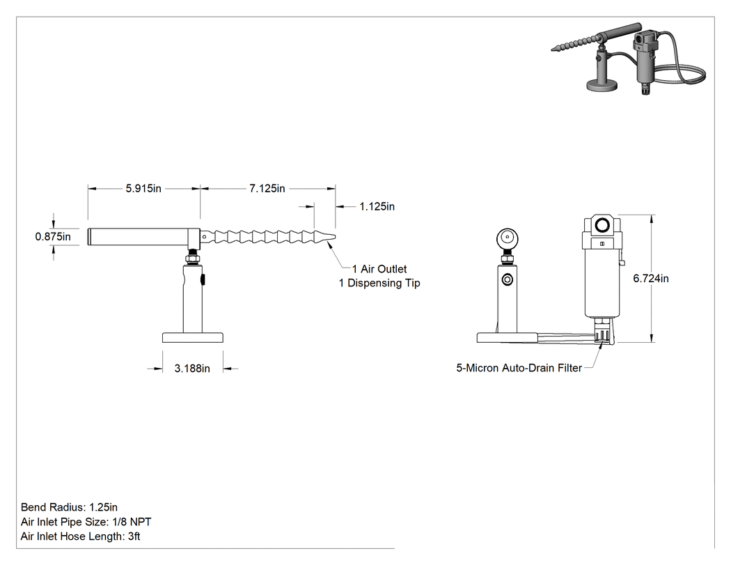 Teknik Çizim - Soğuk Hava Dağıtıcı, Sabit sıcaklık, 1 Hava Çıkışı, 4 CFM, 7-1/8" Uzunluğunda Nozul
