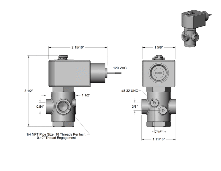 Teknik Çizim - Pirinç Gövde Solenoid Açma/Kapama Vanası, Kompakt, Yan Egzoz Deliği, 1/4 NPT Dişi, 0.08 Cv
