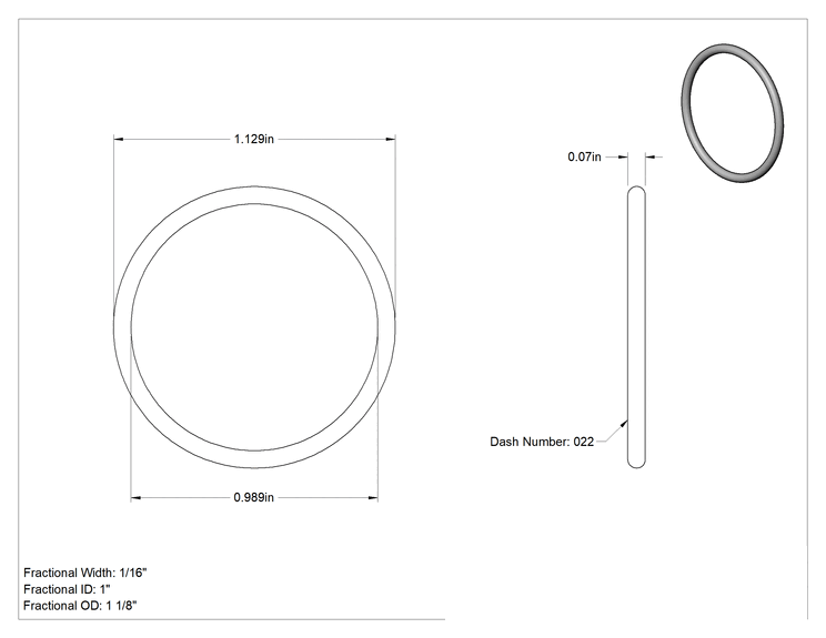 Teknik Çizim - Ultra Kimyasal Dirençli Sert PTFE O-Ring, 1/16 Kesirli Genişlik, Dash Numarası 022