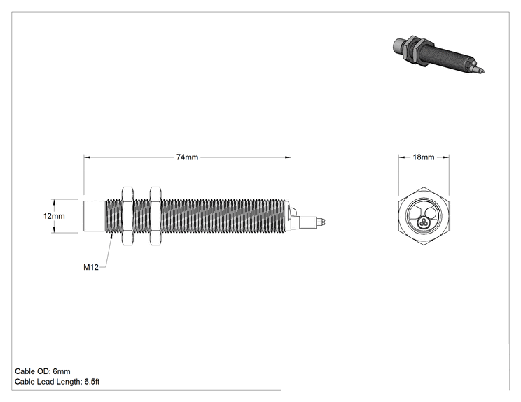 Teknik Çizim - Metalik Nesne Yakınlık Anahtarı, AC/DC, Paslanmaz Çelik, Tel Uçlu Çıkıntılı, 12 mm Çap, 1 Kapalı