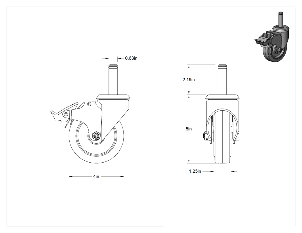 Teknik Çizim - Sürtünmeli Tutuşlu Mil Dönüşlü Tekerlek, Segmanlı, Total Lock ve 4" Çapında 65A Kauçuk Tekerlek