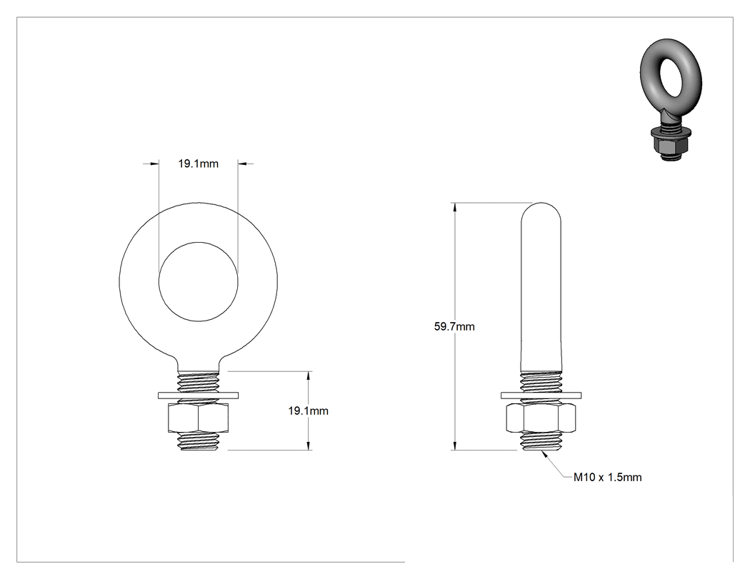 Teknik Çizim - Somunlu 316 Paslanmaz Çelik Halka Cıvata, ve Kaldırma Omuzu Olmayan, M10 x 1.5, 20 mm Diş Uzunluğu