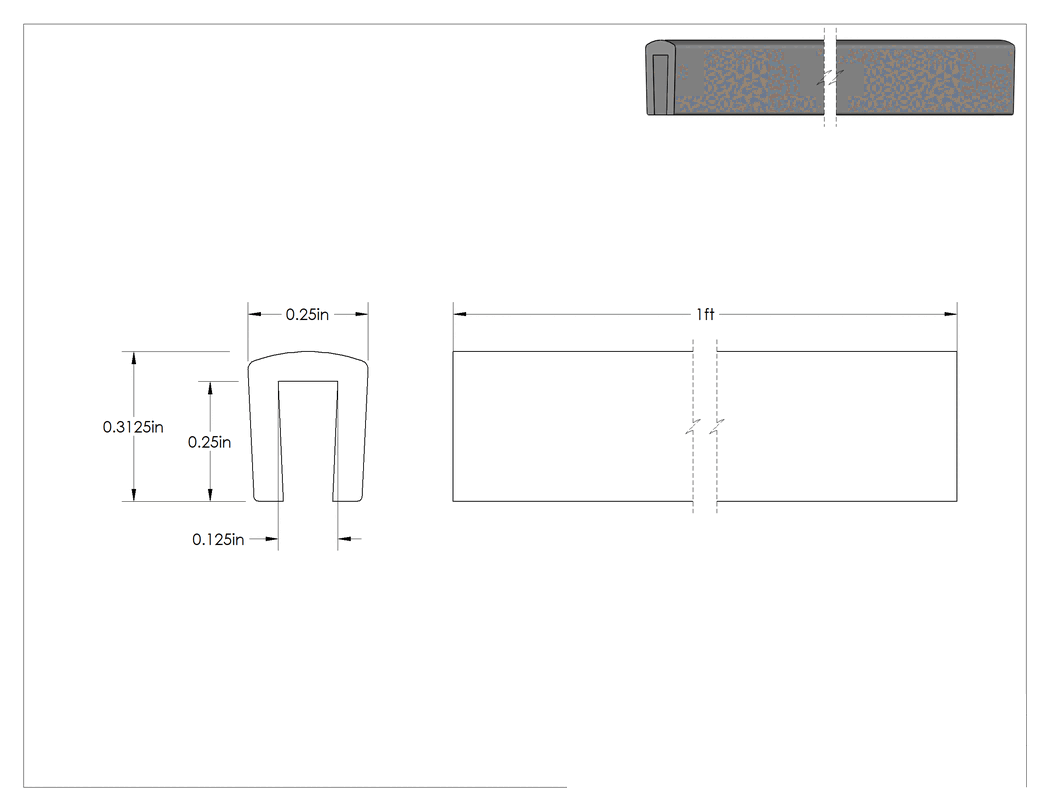 Teknik Çizim - SBR Kauçuk Kenar Çıtası, 1/8" İç Genişlik, 1/4" İç Yükseklik