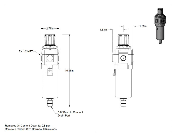 Teknik Çizim - SMC Modüler Basınçlı Hava Filtresi/Regülatörü, Yağ Giderme için, Awm40-D Serisi, 1/2 NPT Dişi