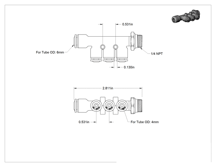 Teknik Çizim - Evrensel Dişli Bas-Bağlan Tüp Bağlantı Parçası, Manifold, 6 mm Boru Dış Çapı x 1/4 Boru Boyutu x 4 mm Boru Dış Çapı