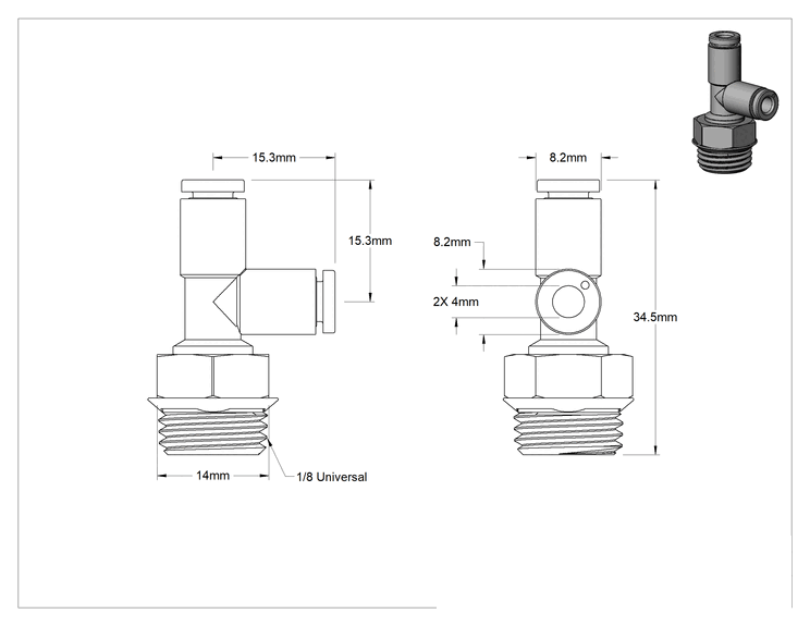 Teknik Çizim - Evrensel Dişli Bas-Bağlan Tüp Bağlantı Parçası, Dik Açı T, 4 mm Boru Dış Çapı x 1/4 Erkek Boru Boyutu için