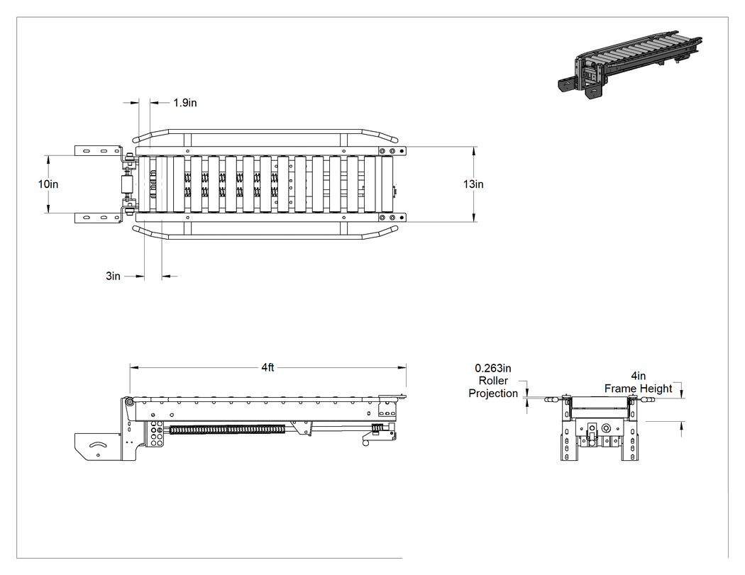 Teknik Çizim - Yüksek Kapasiteli Kaldırma Kapısı Makaralı Konveyör, 3" Makara Aralığı, 13" Toplam Genişlik, 4 Fit Uzunluk