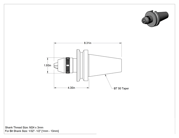 Teknik Çizim - BT Konik Entegre Mil ile Matkap Mandreni, Anahtarsız, Bt 50 Konik Sap, 1/32"-1/2" Uç Şaft Boyutu