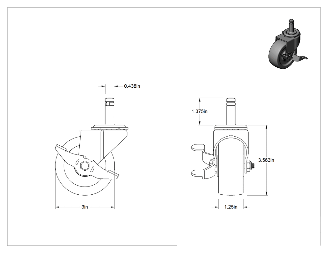 Teknik Çizim - Tutuş Halkalı Sürtünmeli Tutuşlu Saplı Tekerlek, Frenli ve 3" Çapında 80D Kauçuk Tekerlekli Döner Tekerlek