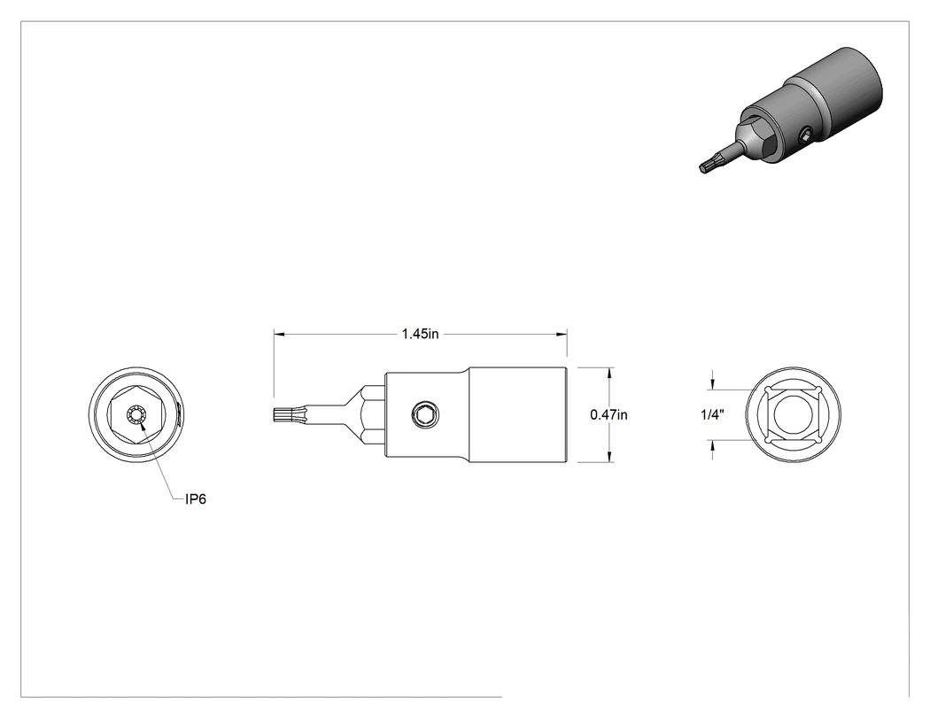 Teknik Çizim - Torx-Plus Uçlu Soket, 1/4" Kare Tahrik, IP6 Boyutu