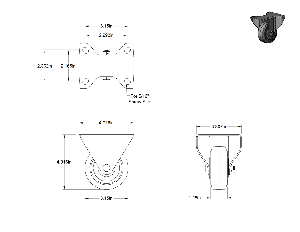 Teknik Çizim - Easy-Roll Tekerlek, Gri Lastik Tekerlek, Sabit, 3-1/4" Çaplı Tekerlek