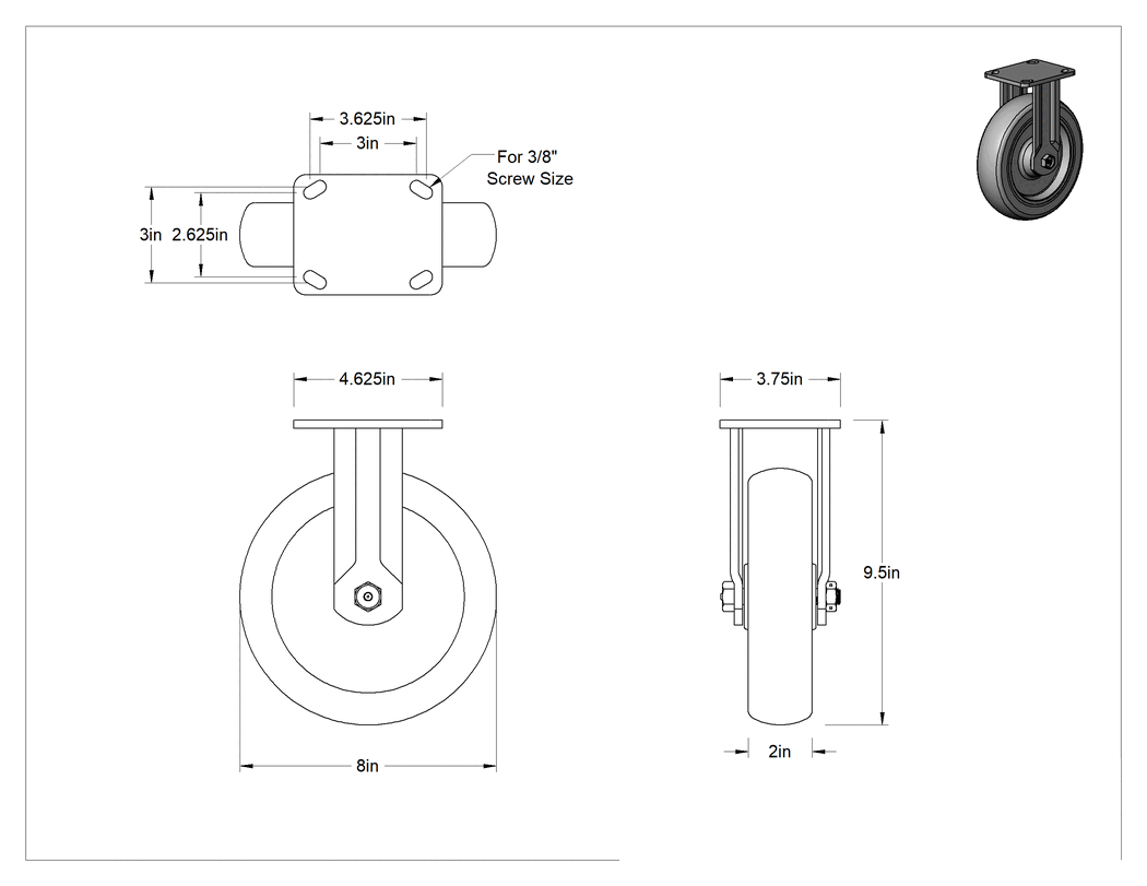 Teknik Çizim - 4-5/8" x 3-3/4" Plakalı Kolay Dönen Tekerlek, Yüksek Kapasiteli, 8 inç Çaplı Gri Poliüretan Tekerlekli Sert