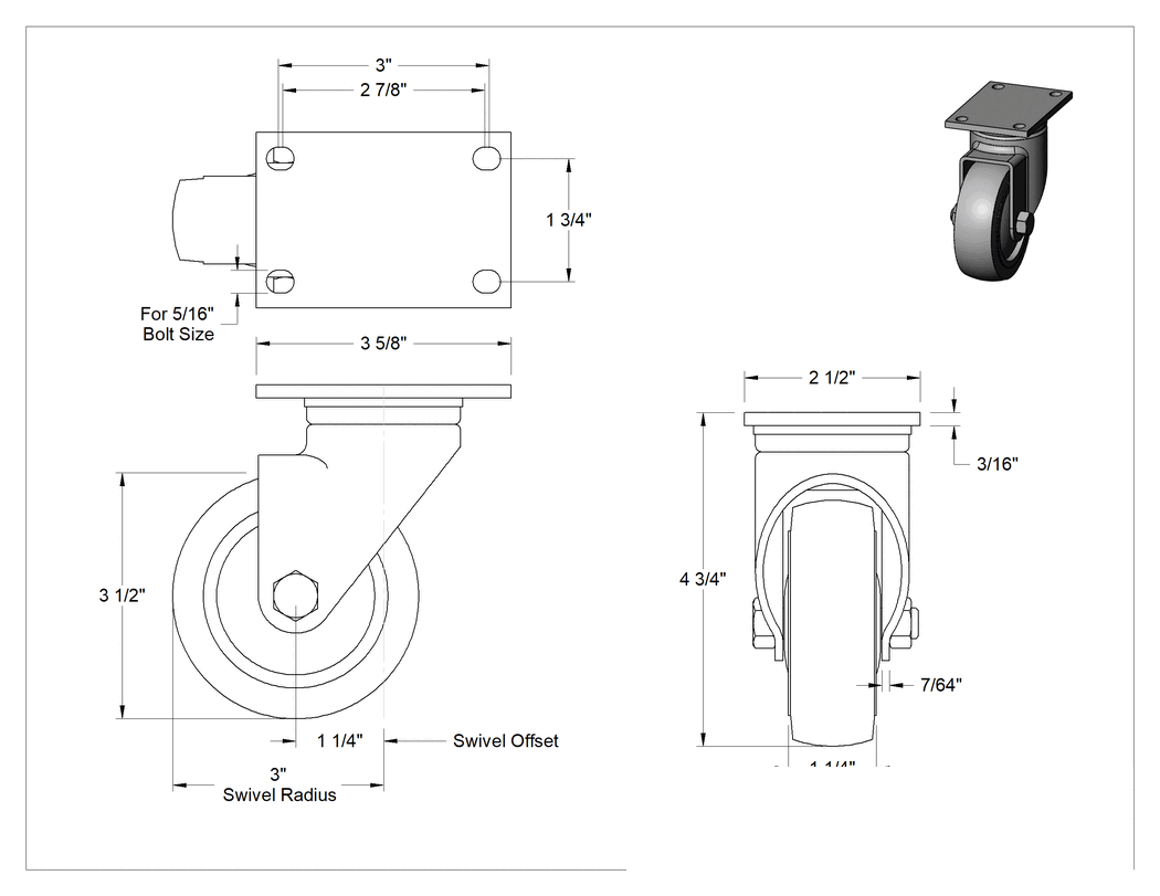 Teknik Çizim - Creston Tekerlek, 3-1/2" Çapında 80D Durometre Kauçuk Tekerlekli Döner Tekerlek