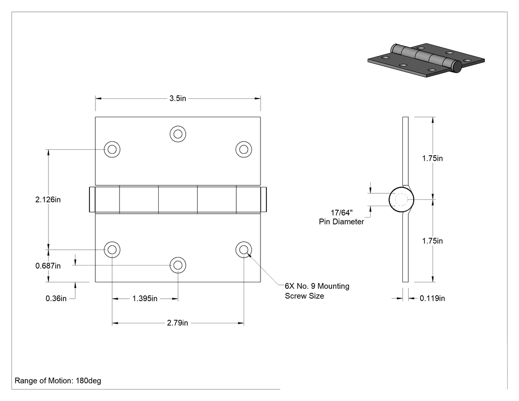 Teknik Çizim - Rulmanlı Gömme Montajlı Kapı Menteşesi, Çıkarılabilir Pim, Mat Kaplama, 3-1/2" Yükseklik, 1-3/4" Genişlik