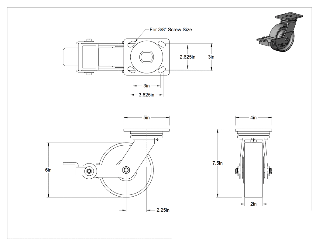 Teknik Çizim - 5" x 4" Montaj Plakalı Yüksek Kapasiteli Spartan Tekerlek, Frenli ve 6 inç Çapında Çelik Tekerlekli Döner Ayak