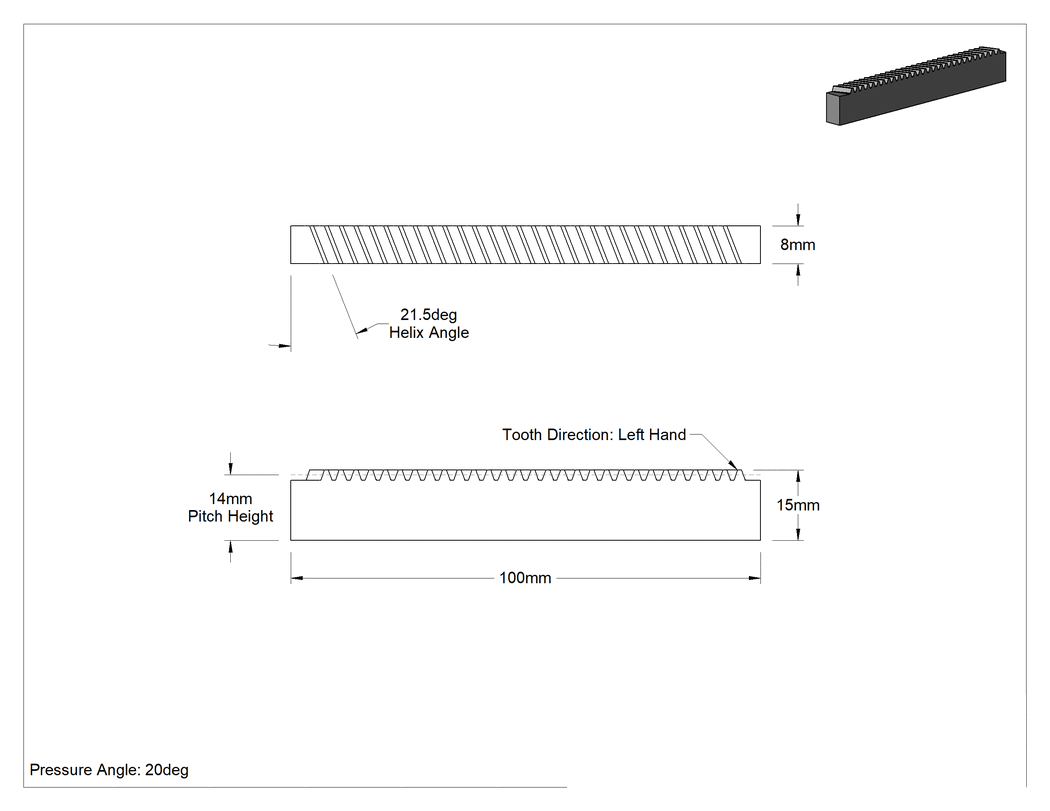 Teknik Çizim - Yüksek Güçlü Metal Dişli, Paralel Kremayer, 1 Modül, 100 mm Uzunluk, Sol Yönlü