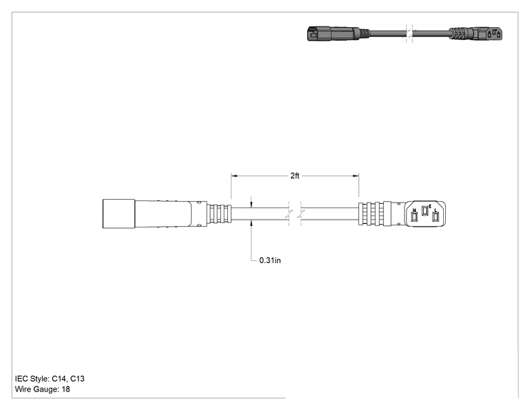Teknik Çizim - Elektronik Ekipman Güç Kablosu, IEC C14 Fiş x 90 Derece Dirsek IEC C13 Priz, 2 Fit Uzunluk
