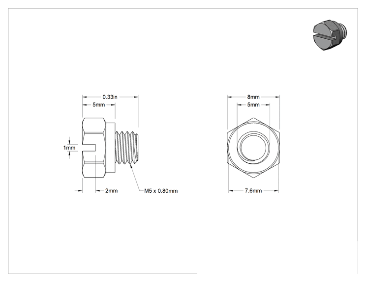 Teknik Çizim - Yüksek Basınçlı Pirinç Boru Bağlantı Elemanı, Yivli Tahrikli ve Contalı Tapa, M5 x 0.8 mm Erkek