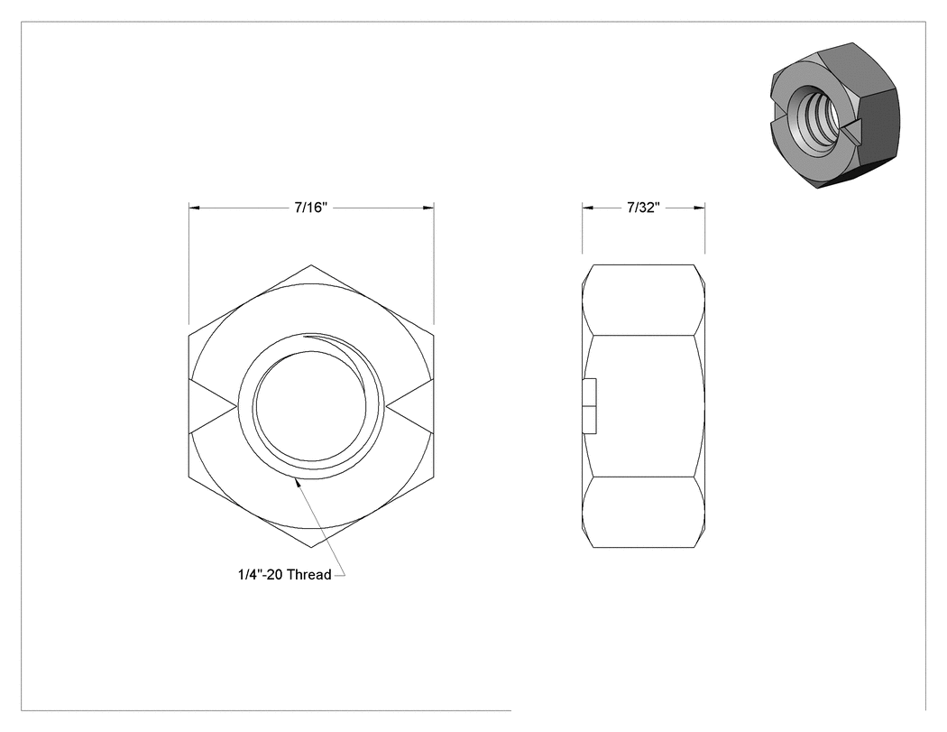 Teknik Çizim - Top-Lock Deforme Edilmiş Dişli Kilit Somunu, Yüksek Mukavemetli C Sınıfı Çelik, 1/4"-20 Diş Boyutu