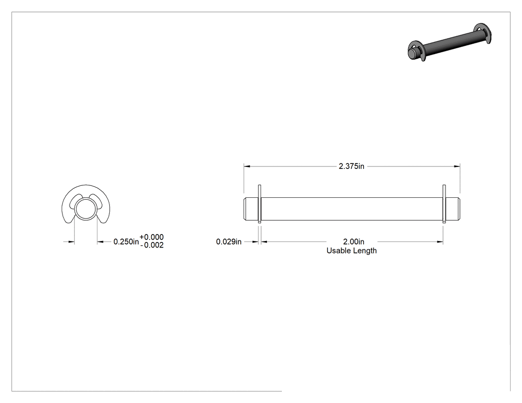 Teknik Çizim - Segman Yivli Başsız Çatal Pim, Çinko Kaplamalı 1004-1045 Karbon Çelik, 1/4" Çap, 2" Kullanılabilir Uzunluk