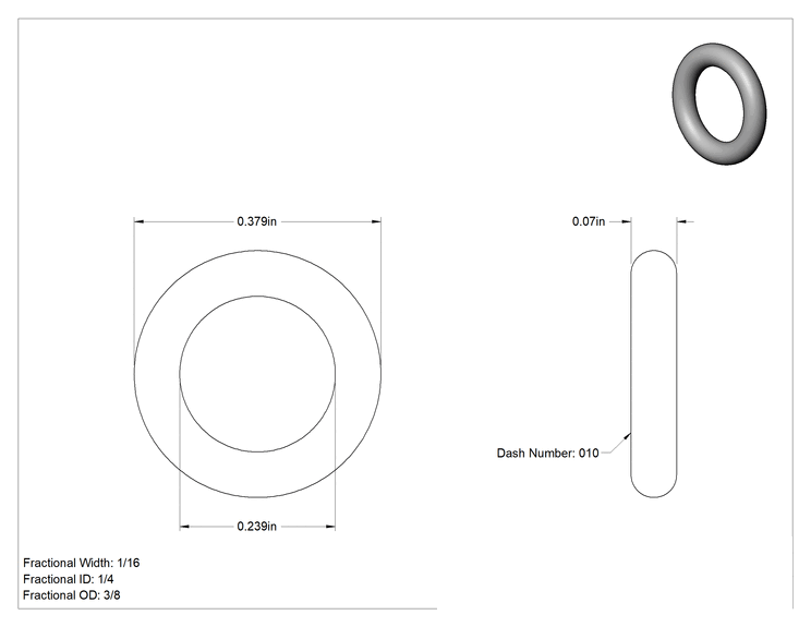Teknik Çizim - Kimyasallara Dayanıklı Viton® Floroelastomer O-Ring, Yüksek Basınç, 1/16 Kesirli Genişlik, Dash No. 010