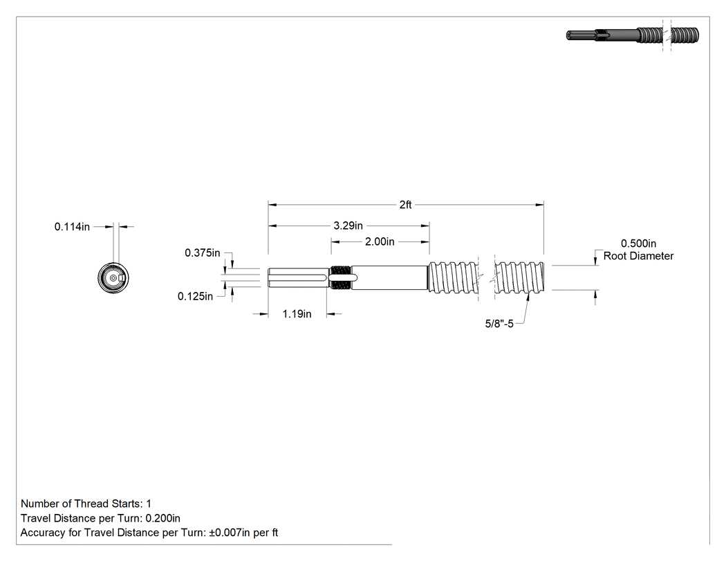 Teknik Çizim - Bilyalı Vida, Bir adet İşlenmiş Uçlu, 5/8"-5 Diş Boyutu, 2 Fit Uzunluk