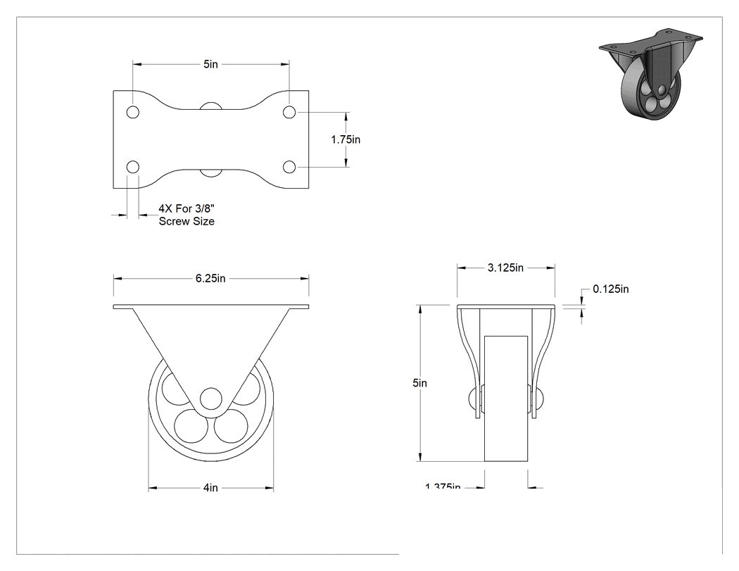 Teknik Çizim - Cart-Smart Tekerlek, 4" Çapında Demir Tekerlekli Sert
