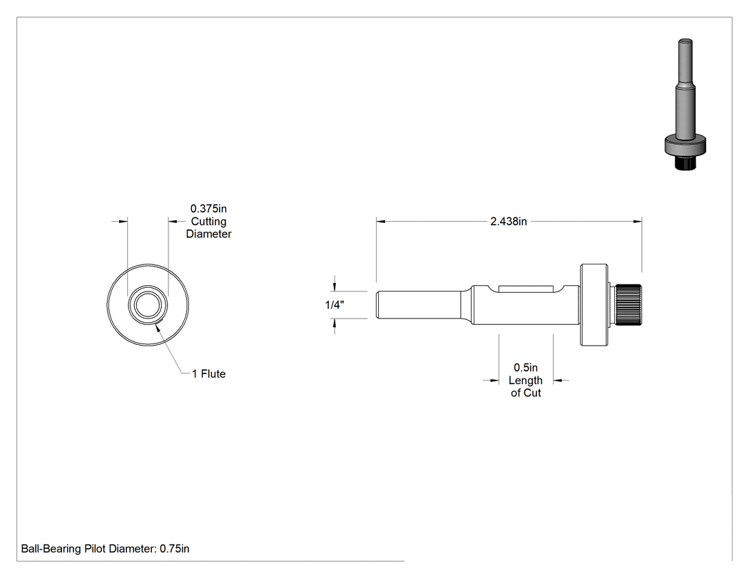 Teknik Çizim - Mikro Taneli Karbür Kesme Freze Ucu, Kaplamasız, 3/8" Kesme Çapı, 1/2" Kesme Uzunluğu